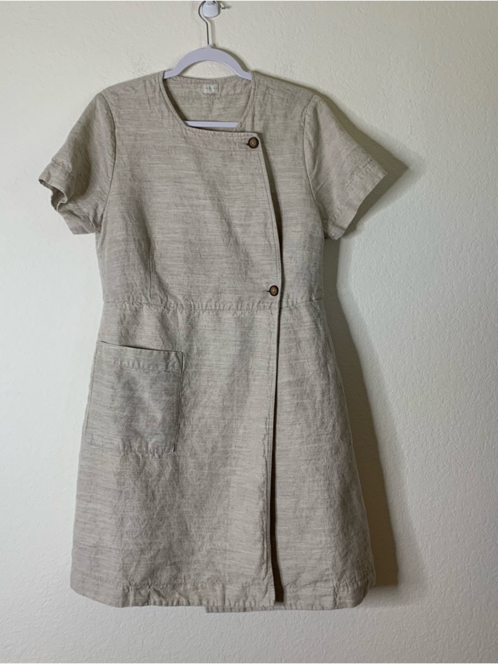 Poetry Womens tan short sleeve linen blend wrap midi dress // has pockets 12